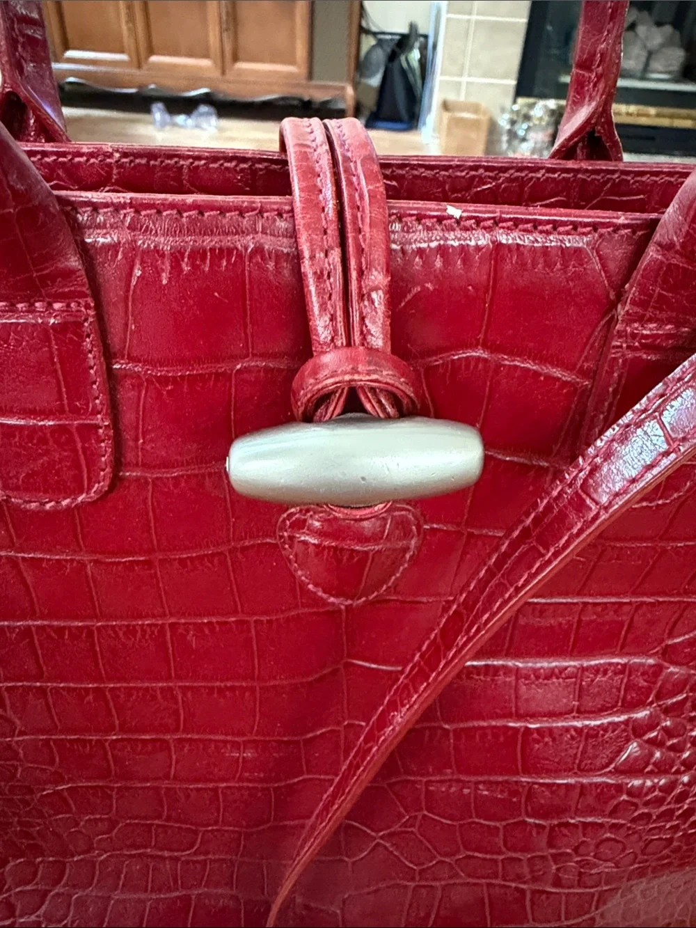 M. London Red Croc-Embossed Leather Satchel Handbag